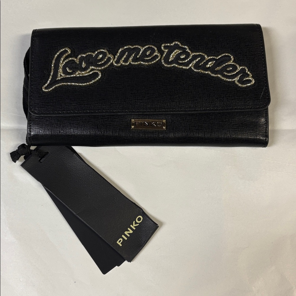 PINKO Love Me Tender Limited Edition Trifold Wallet Black Gold NWT